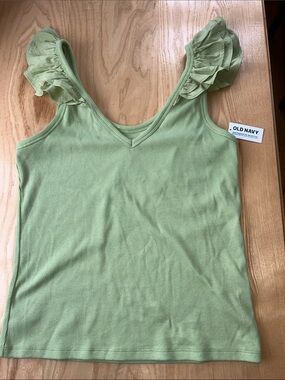 Olive Green Ruffle-Sleeve V-Neck Tank Top